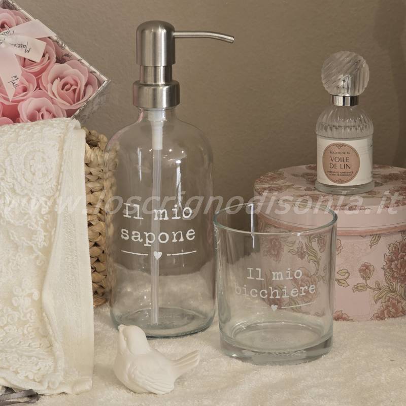 Bicchiere porta spazzolini in vetro, con scritta 'IL MIO BICCHIERE', serie My Home di Nuvole di Stoffa.
